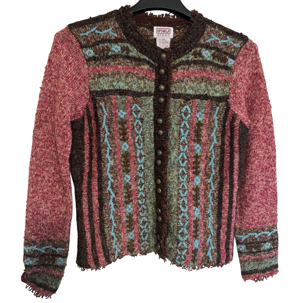 VTG‎ PBJ Sport Cardigan Sweater Small S Colorful Floral Striped Ramie Acrylic